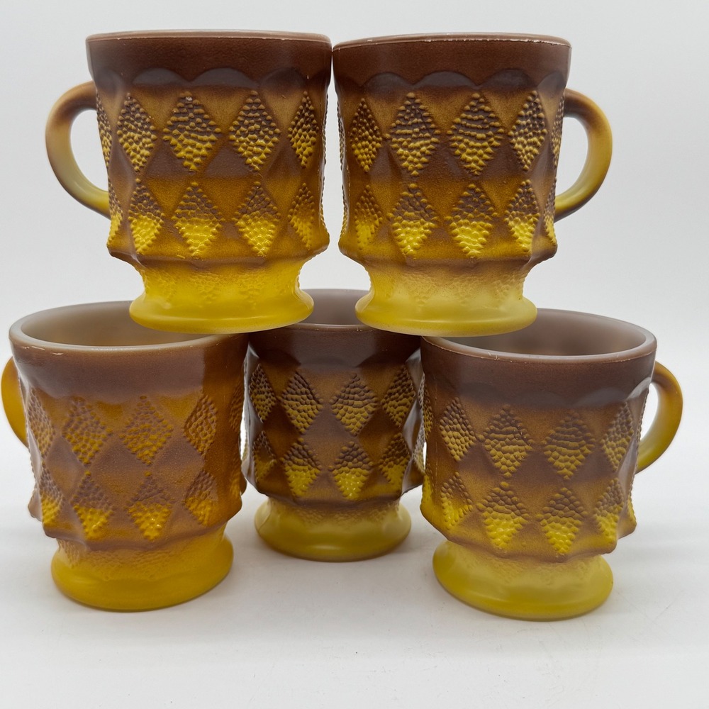 Vintage Fire King Kimberly Coffee Mugs Lot 5 Anchor Hocking Brown Yellow Ombre